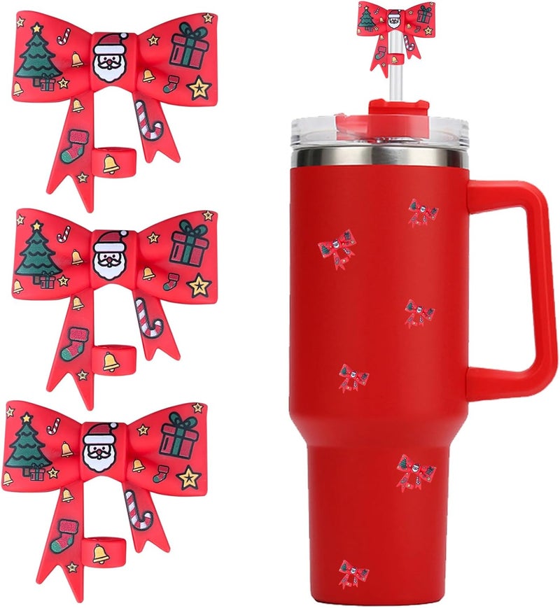 HIUSITY Christmas Bow Straw Cover Topper for Stanley Cup,Silicone Straw Toppers for Tumbler with Handle 40oz,Cute 10mm/0.4in Straws Covers Cap,Reusable Straws Lid for Stanley Cups Accessories,3Pcs RED - Image 1